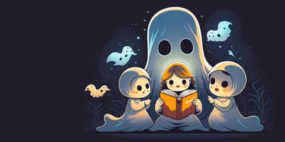 Cute Cartoon Ghosts Reading A Book Together