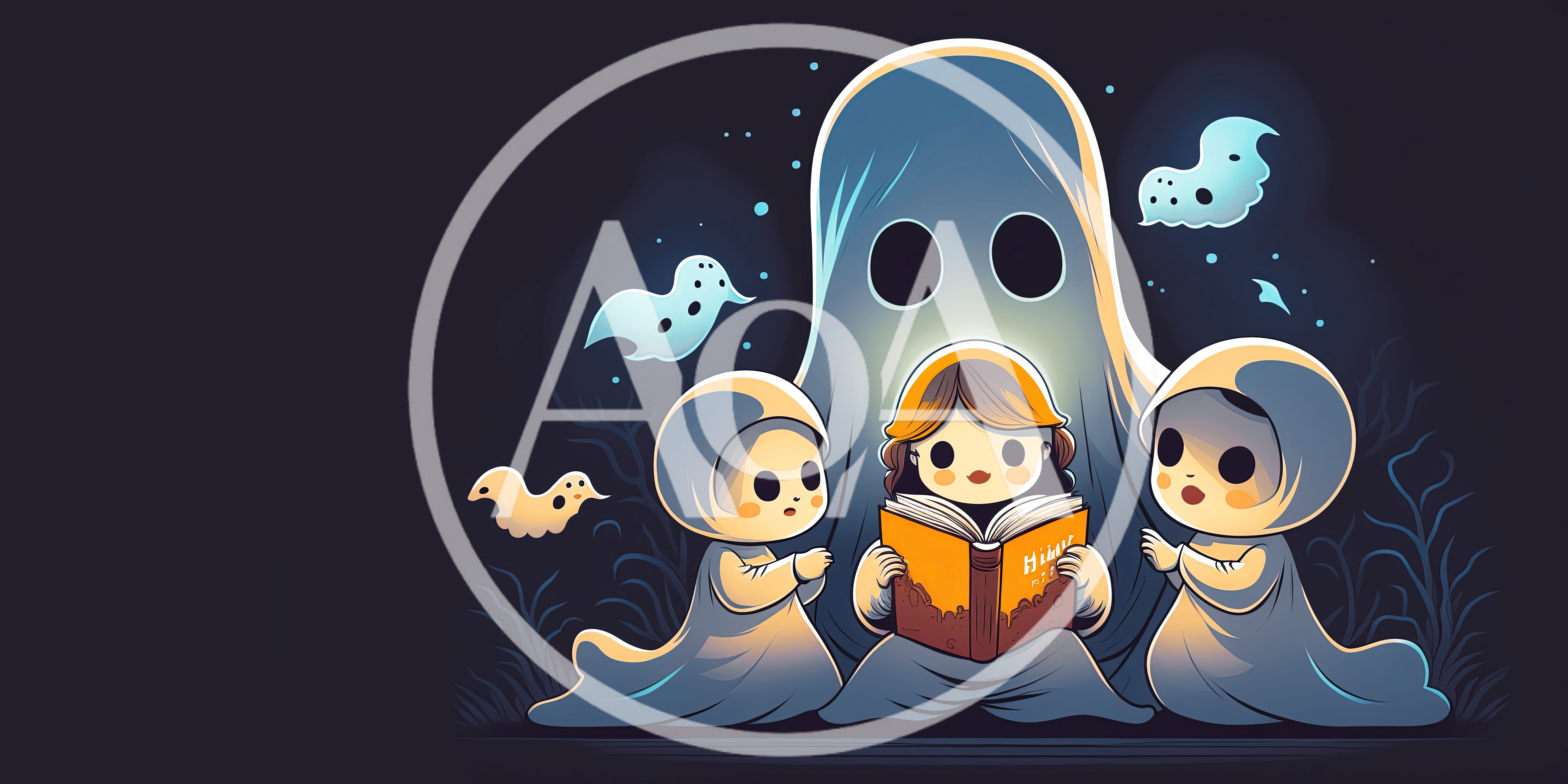 Cute Cartoon Ghosts Reading A Book Together