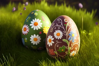 Two Decorative Easter Eggs Resting In Green Grass