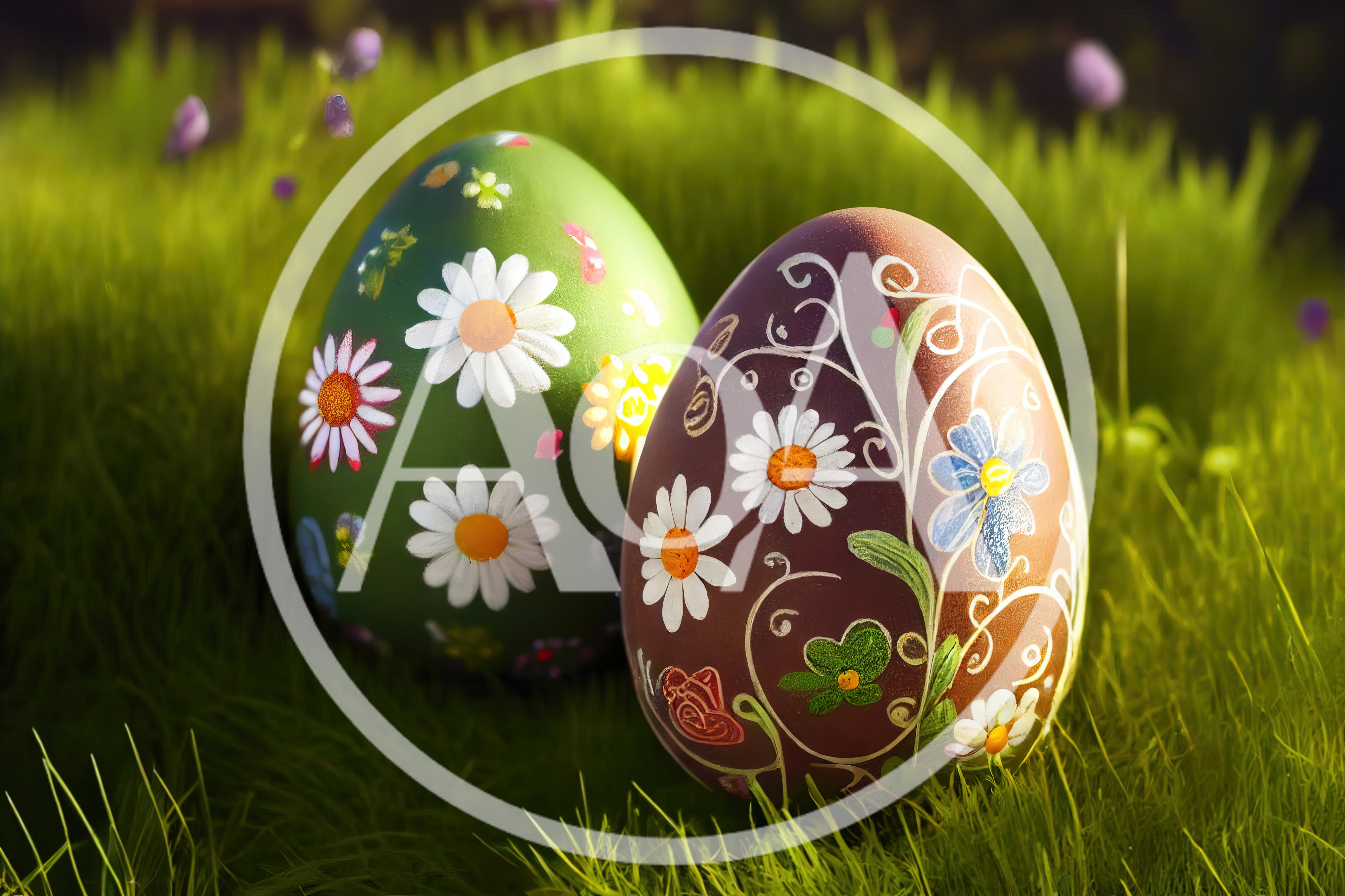 Two Decorative Easter Eggs Resting In Green Grass