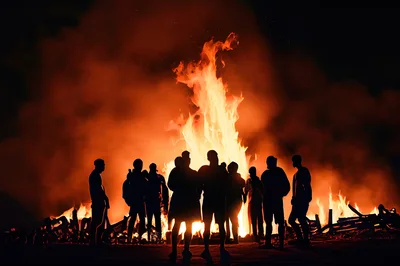 Silhouetted Group Standing Before A Large Bonfire