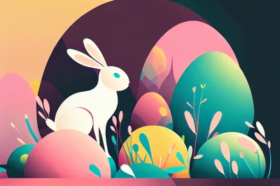 Stylized White Rabbit Among Colorful Abstract Easter Eggs