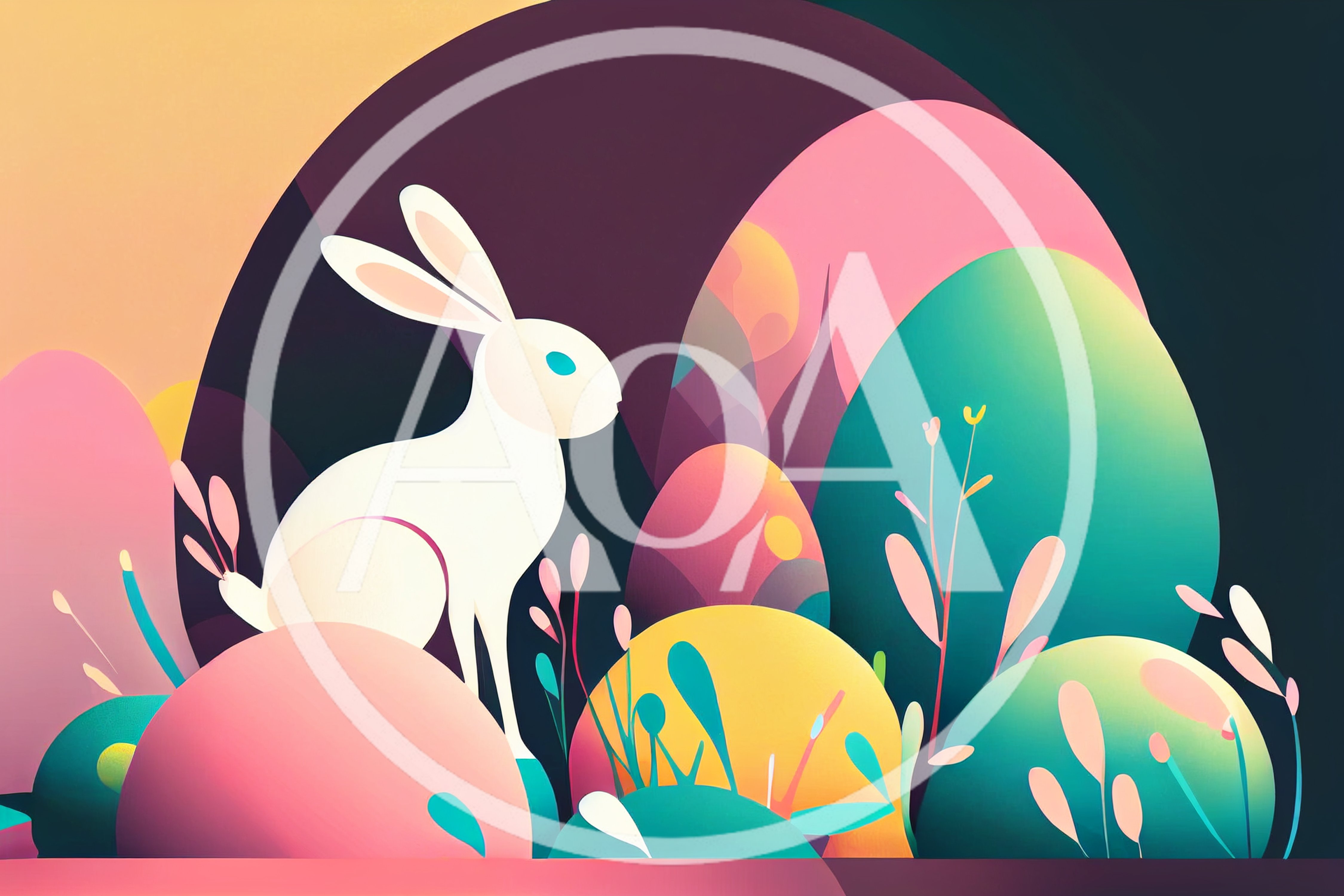 Stylized White Rabbit Among Colorful Abstract Easter Eggs
