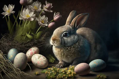 Easter Bunny Sitting Beside Decorated Eggs and Flowers