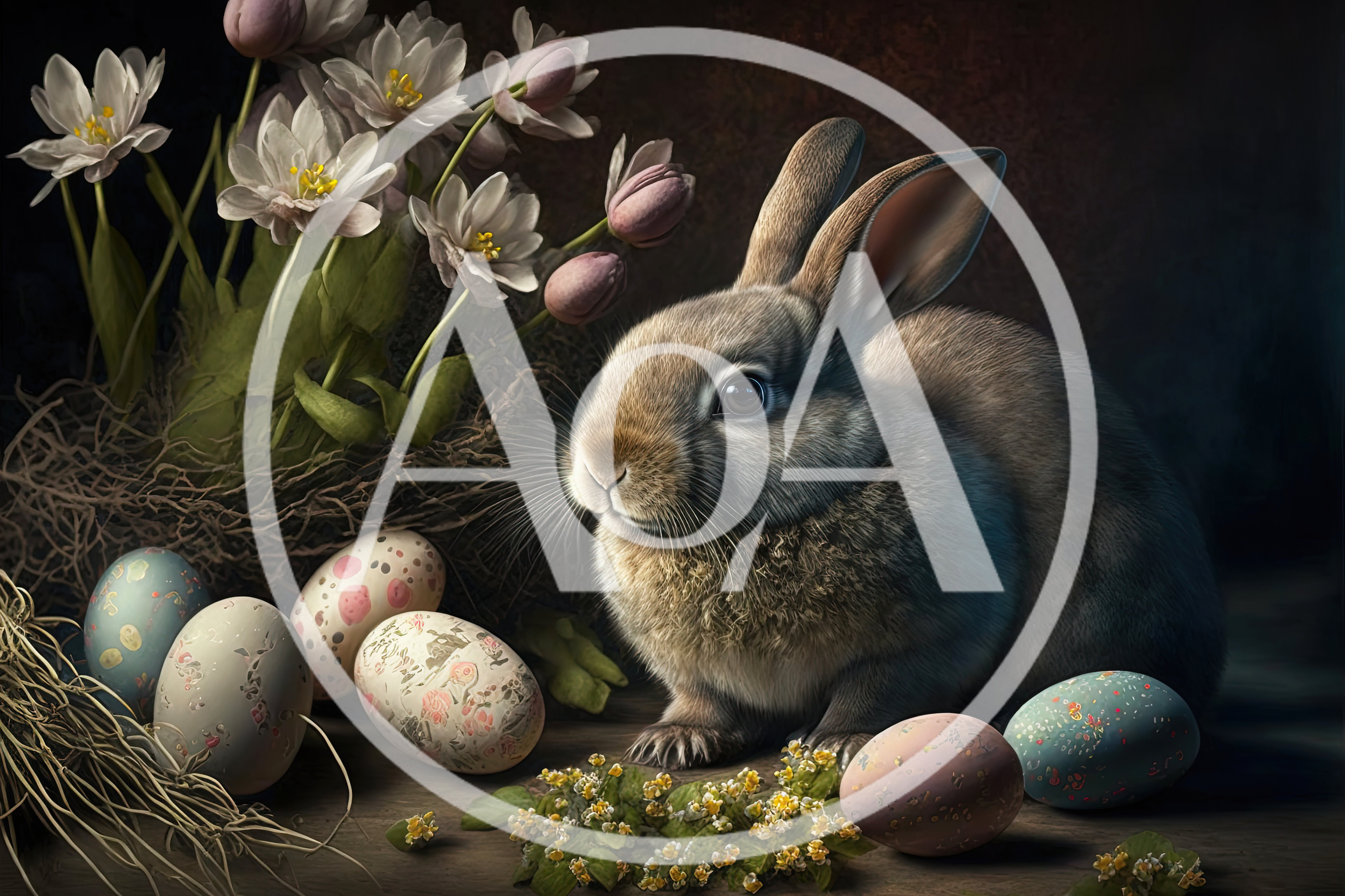 Easter Bunny Sitting Beside Decorated Eggs and Flowers