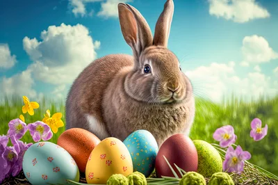 Easter Bunny Sitting With Colorful Decorated Eggs