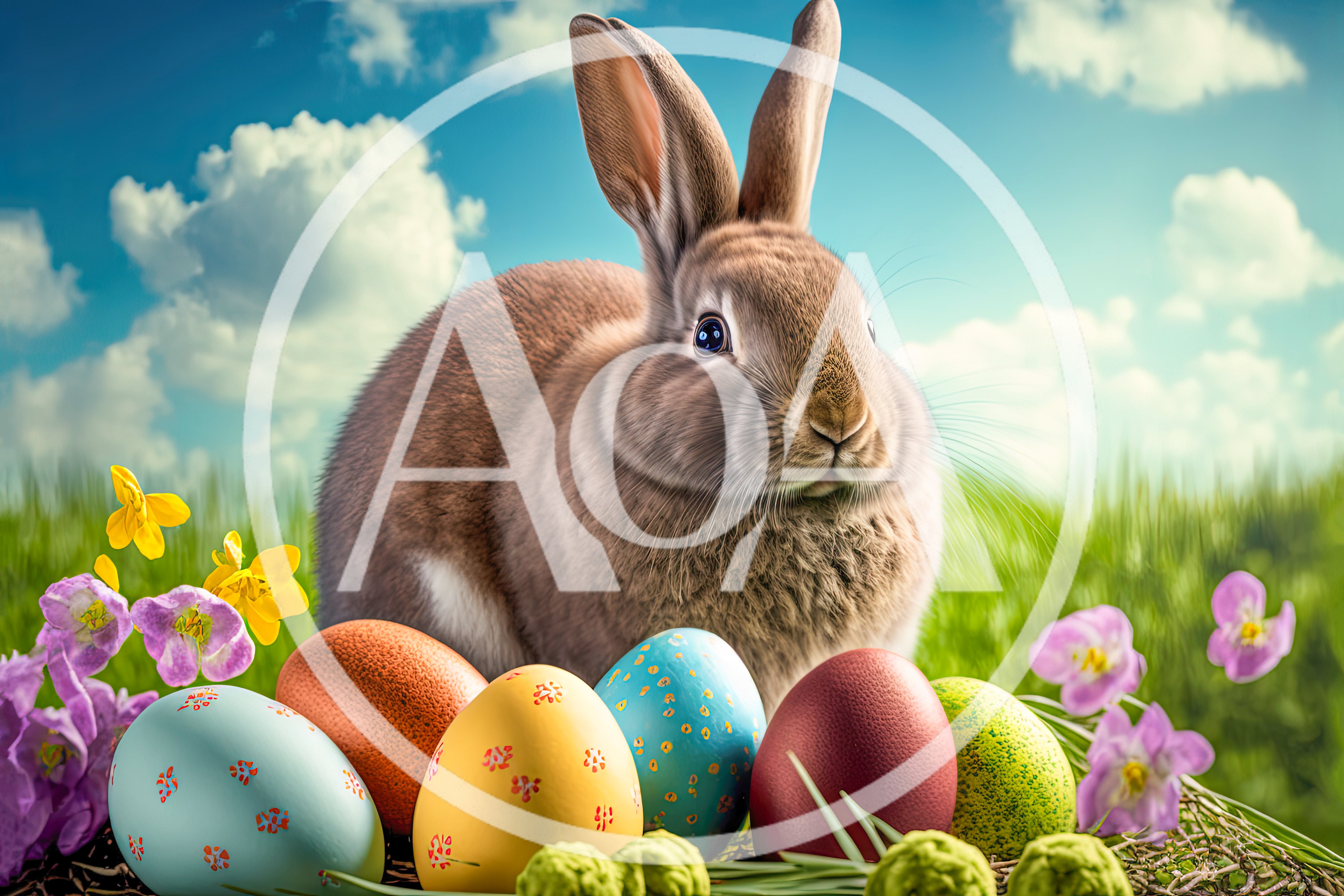 Easter Bunny Sitting With Colorful Decorated Eggs