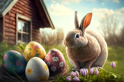 Easter Bunny Sitting Beside Decorated Eggs