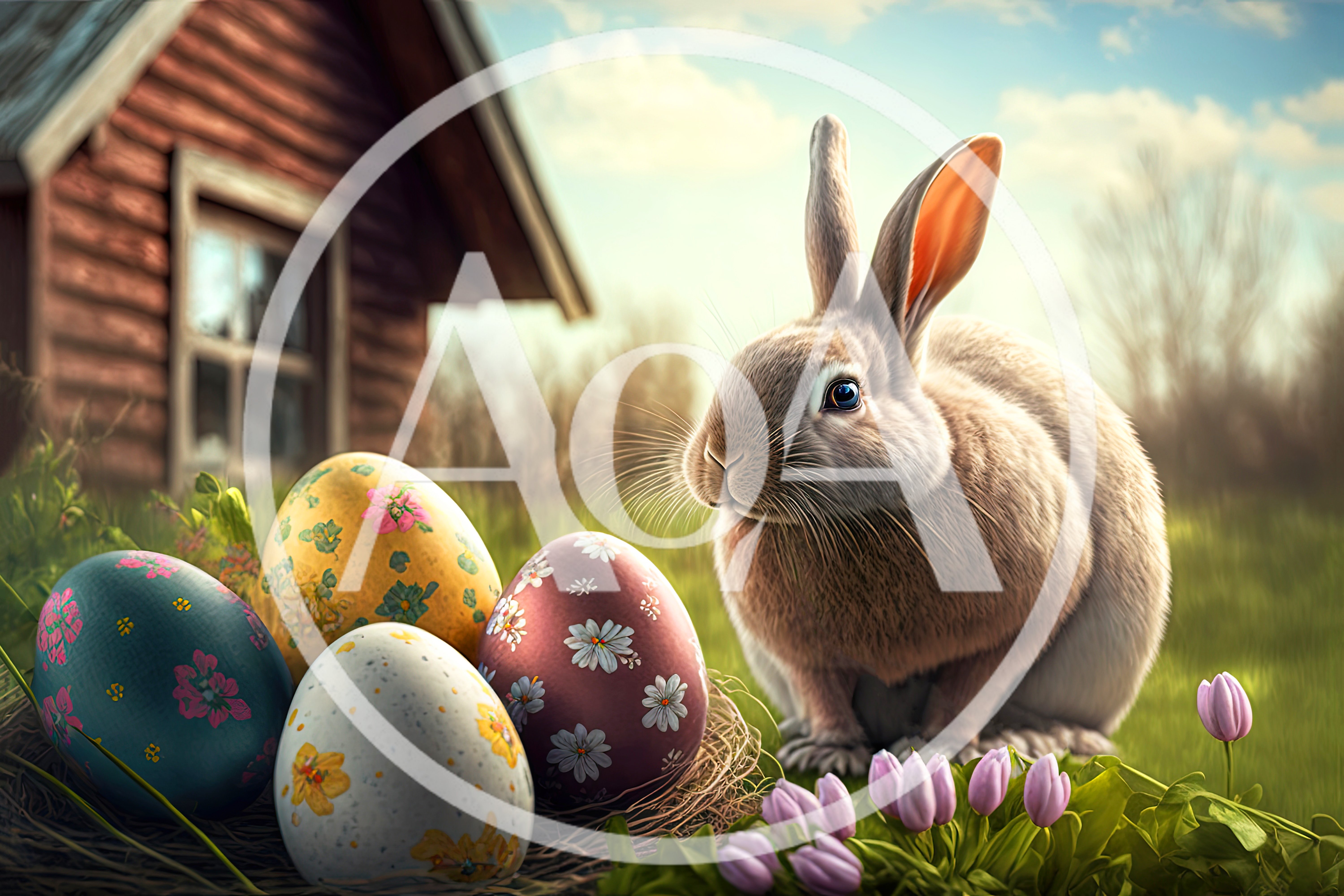 Easter Bunny Sitting Beside Decorated Eggs