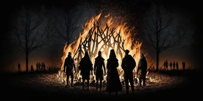 Group Of People Standing Before A Large Bonfire