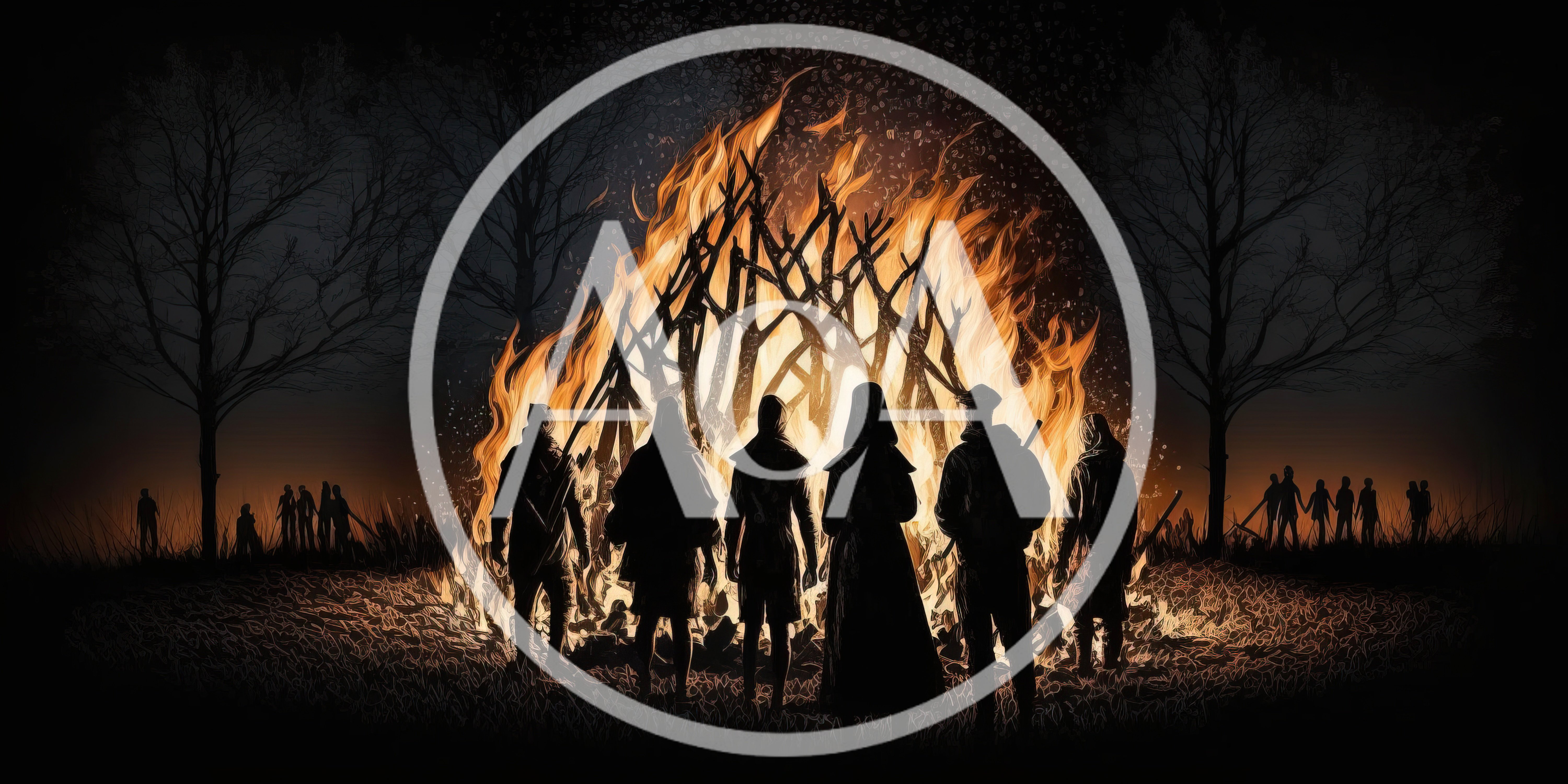 Group Of People Standing Before A Large Bonfire