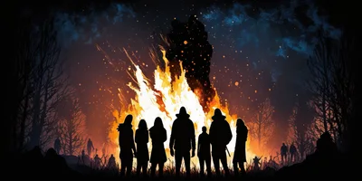 Group Of People Standing Before A Large Bonfire