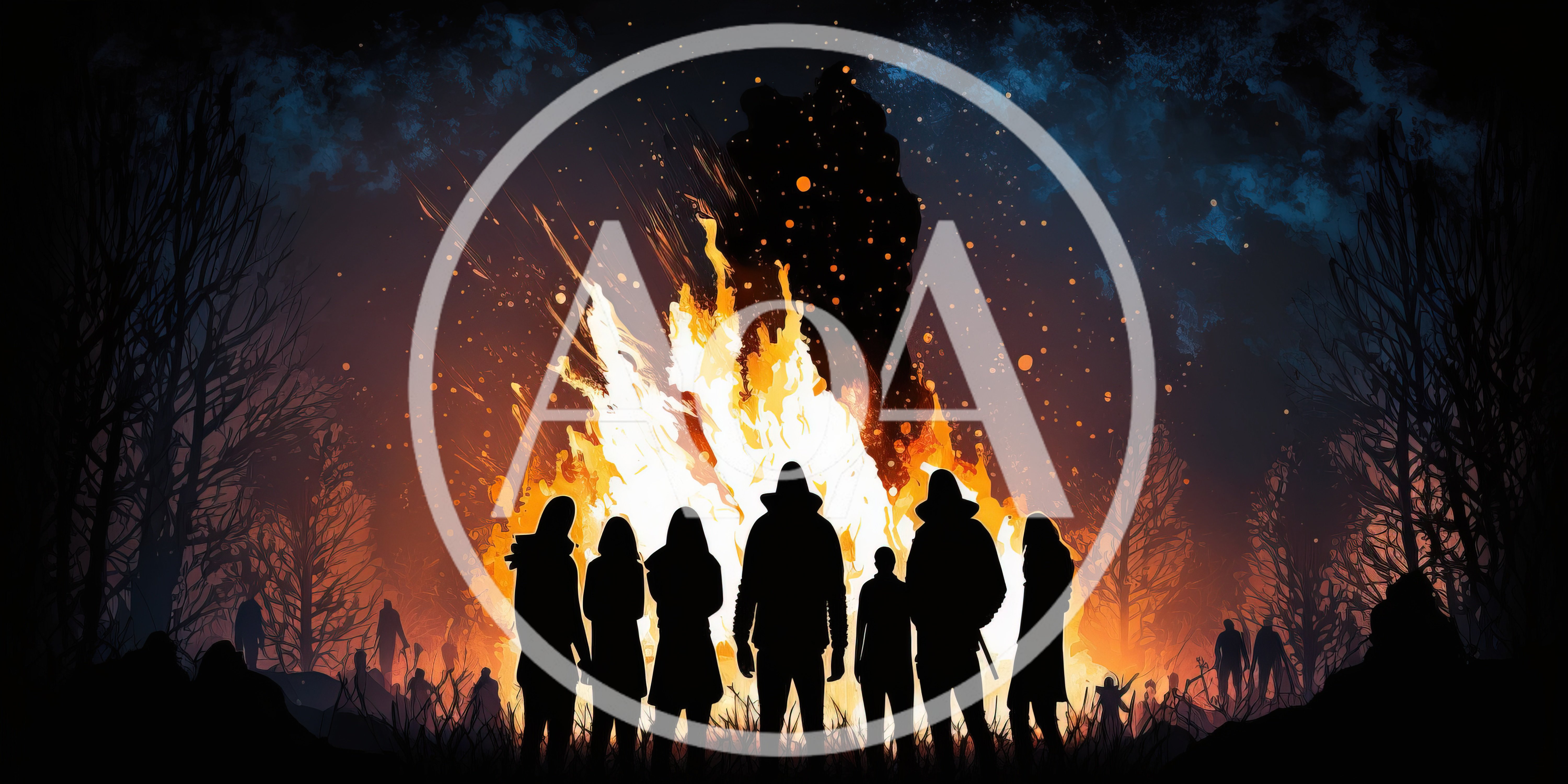 Group Of People Standing Before A Large Bonfire