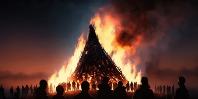 Silhouetted Crowd Gathering Around A Large Bonfire