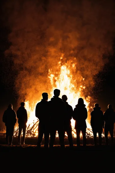 Silhouettes Of People Standing Before A Large Bonfire