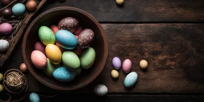 Easter Eggs In A Wooden Bowl On Rustic Table