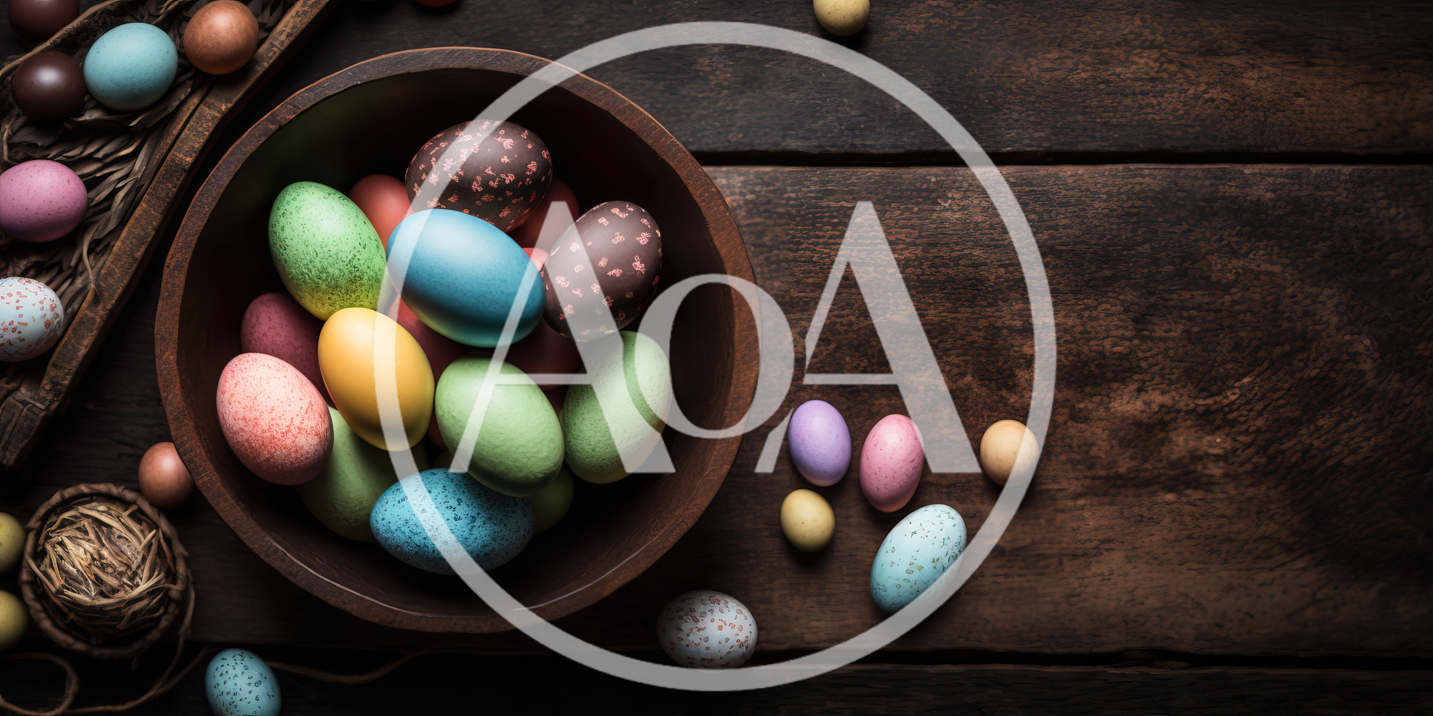 Easter Eggs In A Wooden Bowl On Rustic Table
