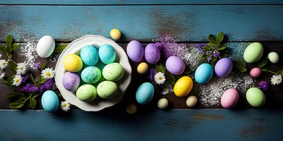 Easter Eggs Arranged on Rustic Blue Wooden Table