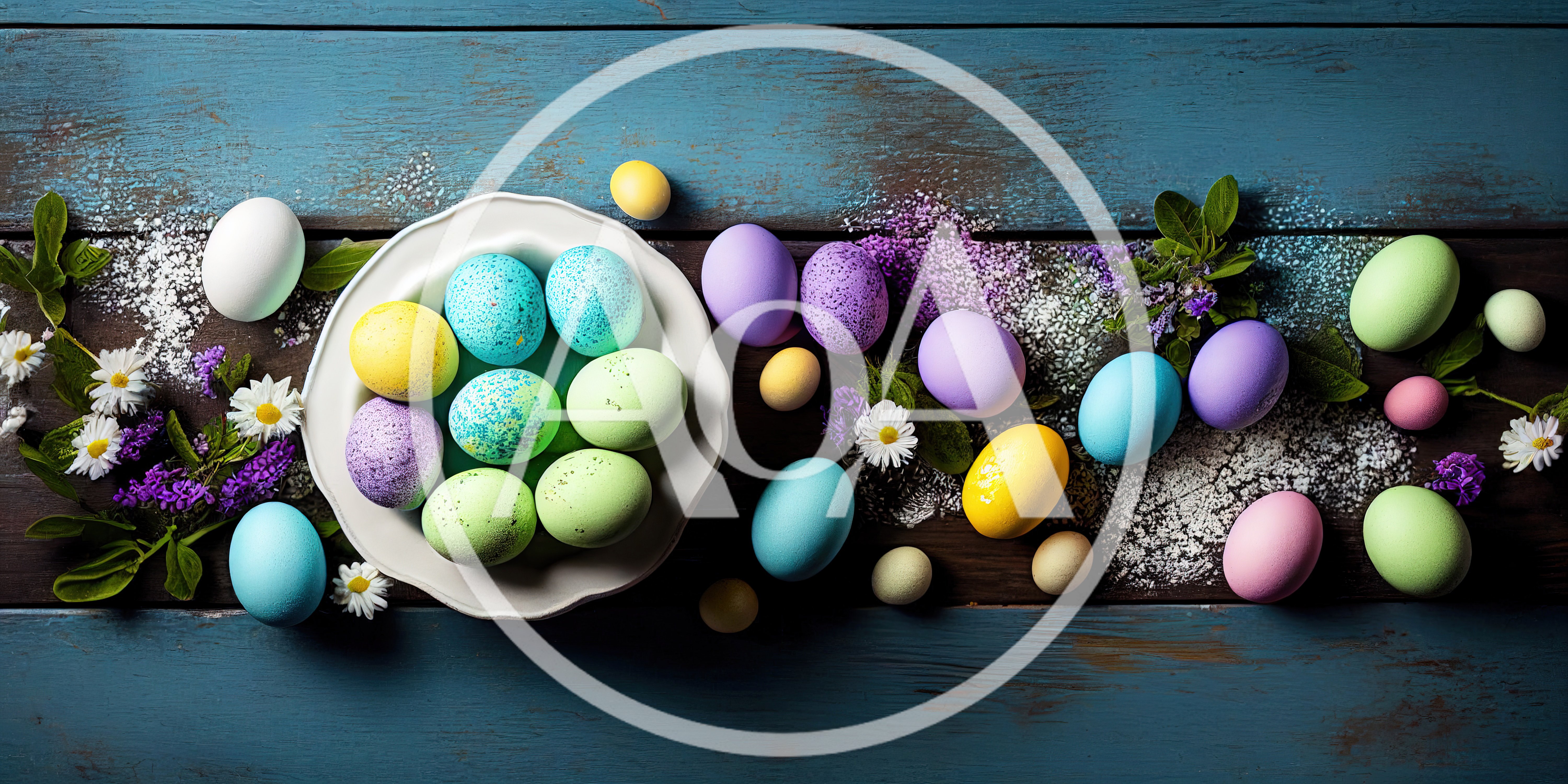 Easter Eggs Arranged on Rustic Blue Wooden Table