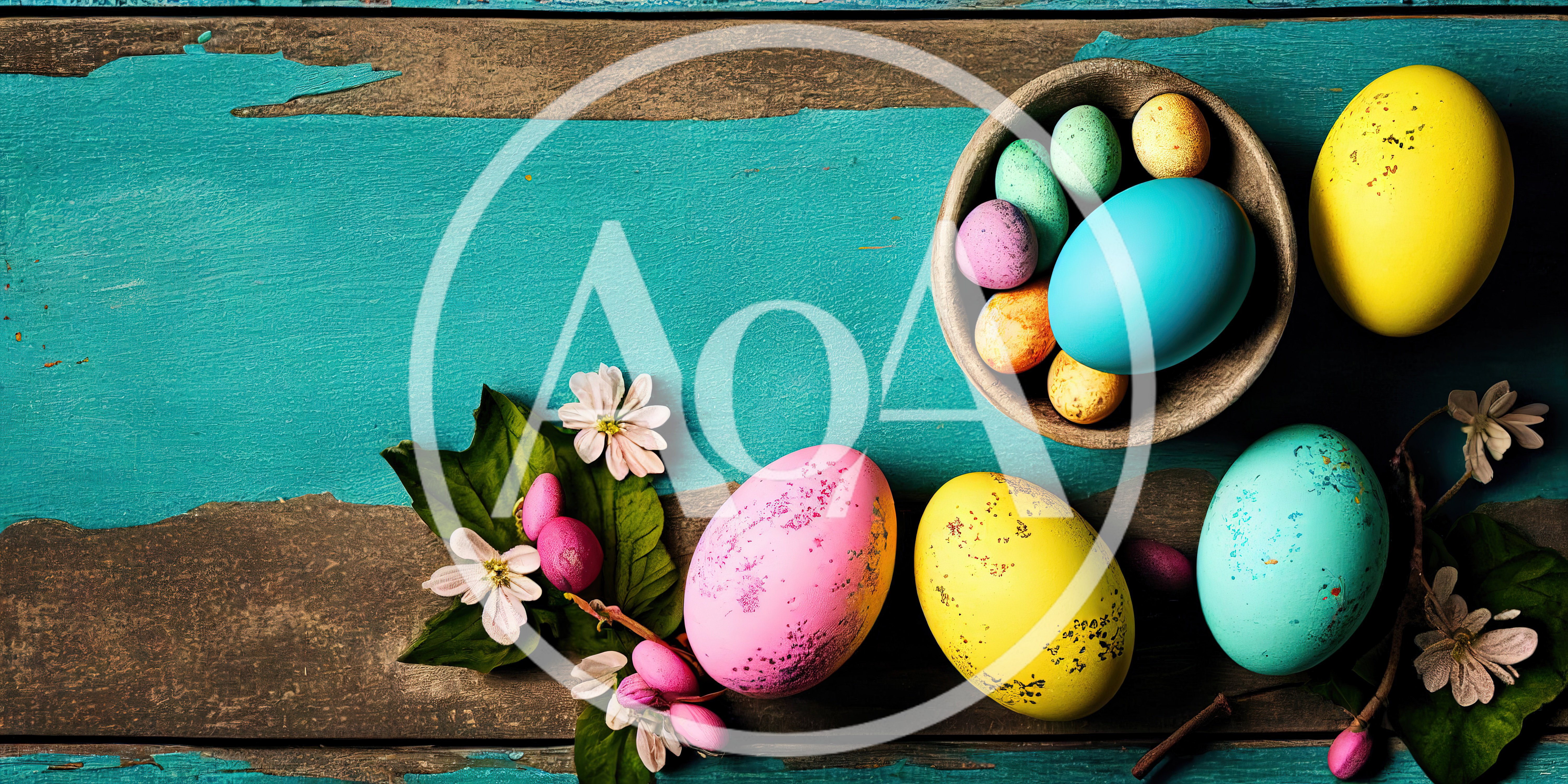 Easter Eggs Arranged on Rustic Teal Wooden Background