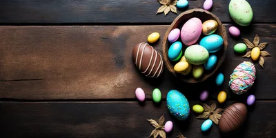 Easter Eggs Arranged On Dark Rustic Wooden Background