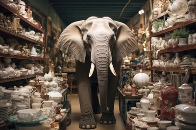 African Elephant Standing Inside A Cluttered Antique Shop