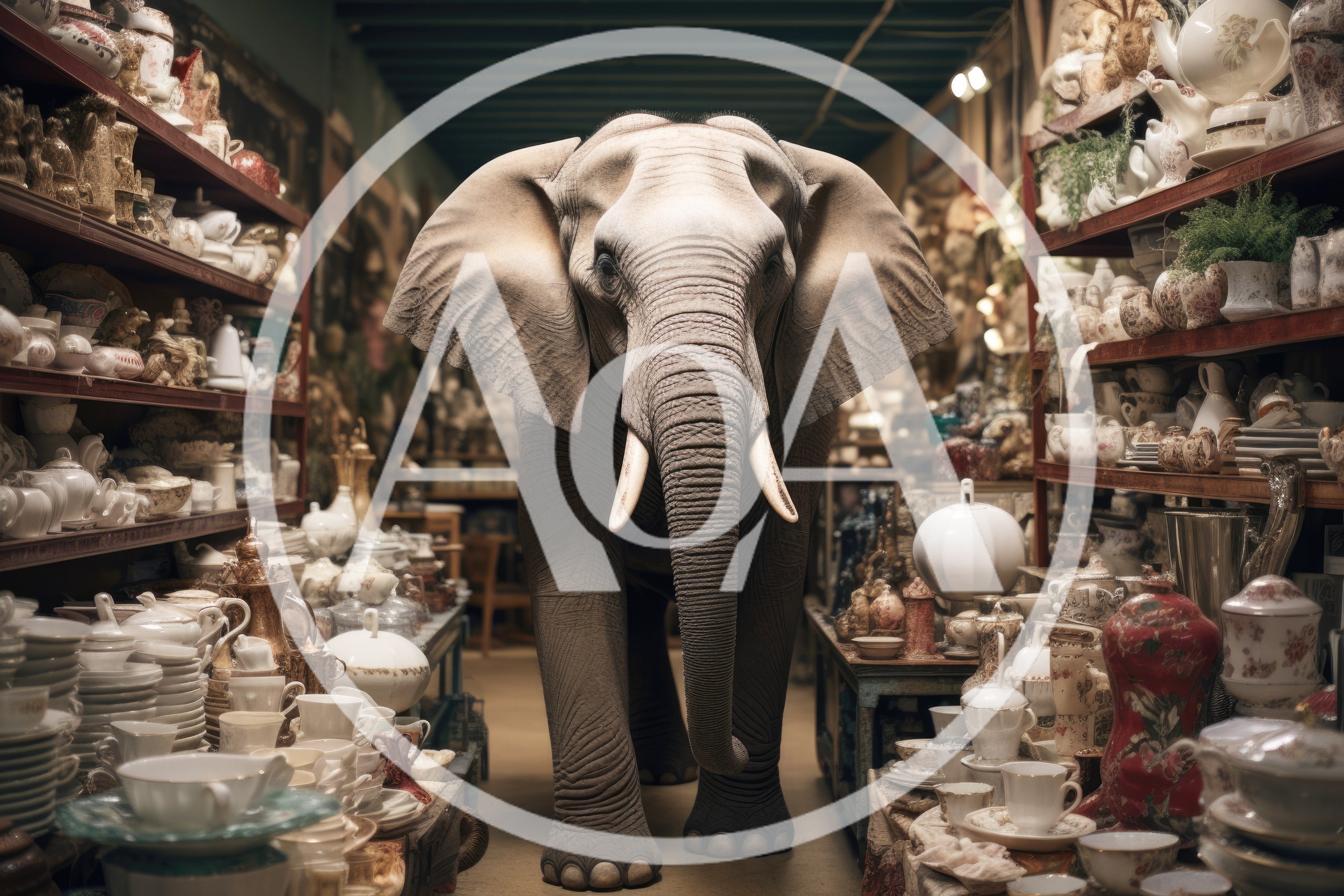 African Elephant Standing Inside A Cluttered Antique Shop