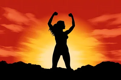 Silhouette Of A Woman Celebrating Success At Sunset