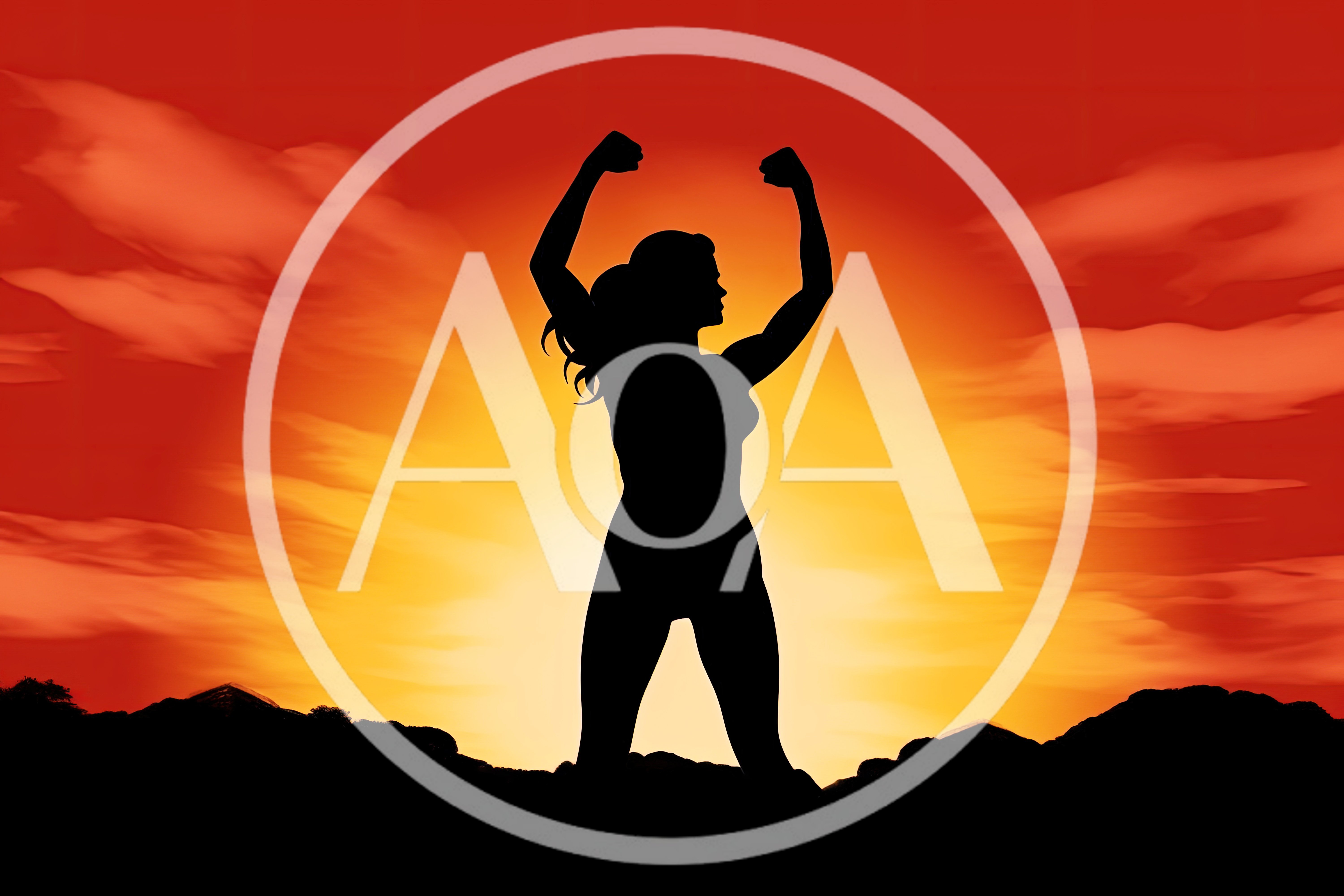 Silhouette Of A Woman Celebrating Success At Sunset