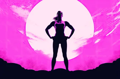 Silhouette Of A Strong Woman Standing Against A Sun