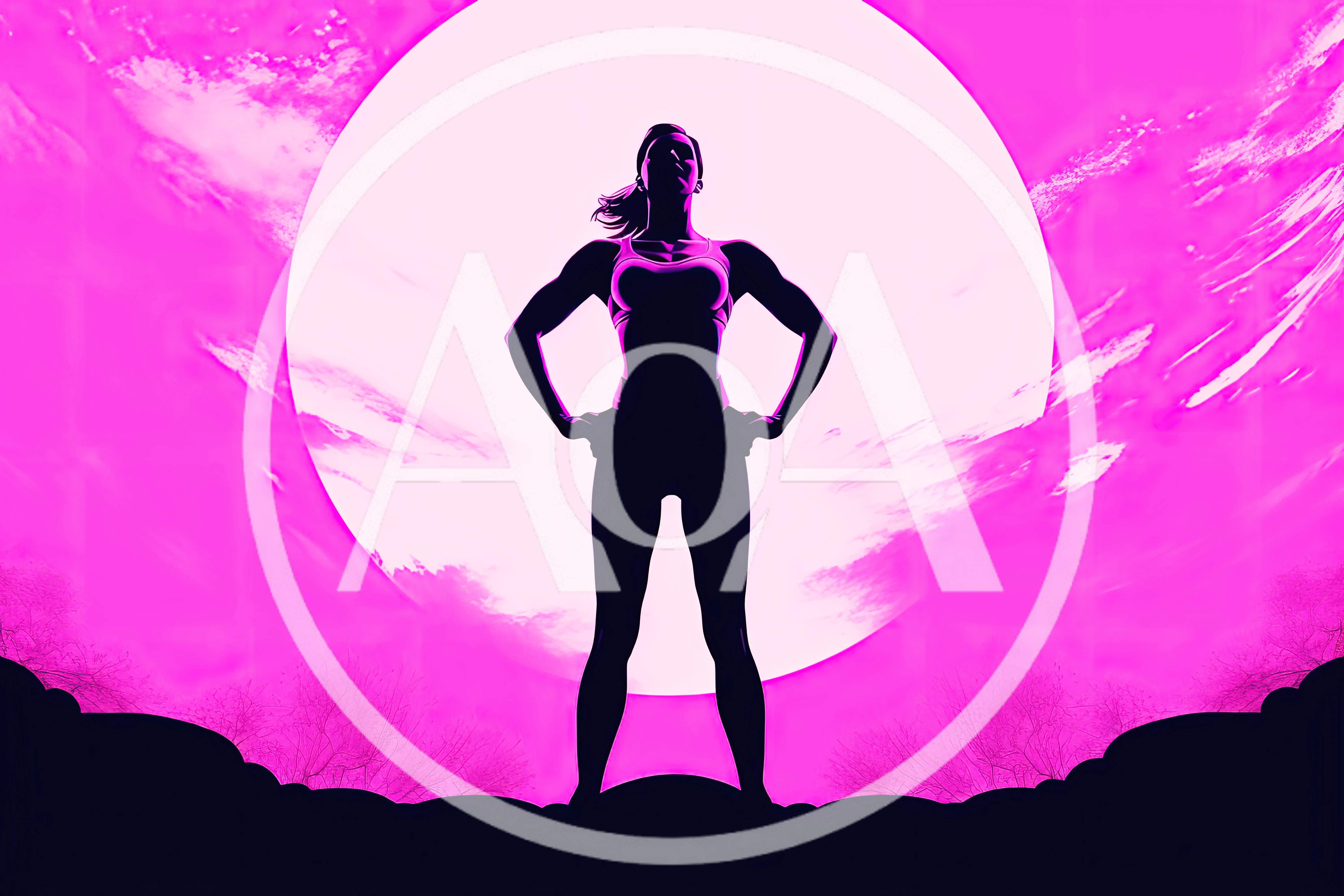 Silhouette Of A Strong Woman Standing Against A Sun