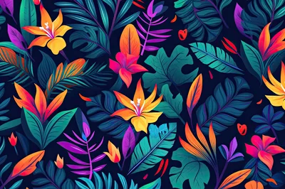Vibrant Tropical Floral Pattern With Exotic Leaves