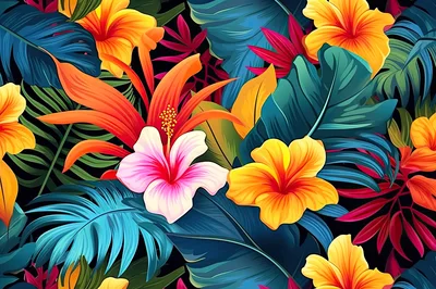 Tropical Hibiscus Flower Pattern with Lush Foliage