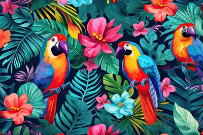Vibrant Macaw Parrots Amidst Tropical Jungle Foliage