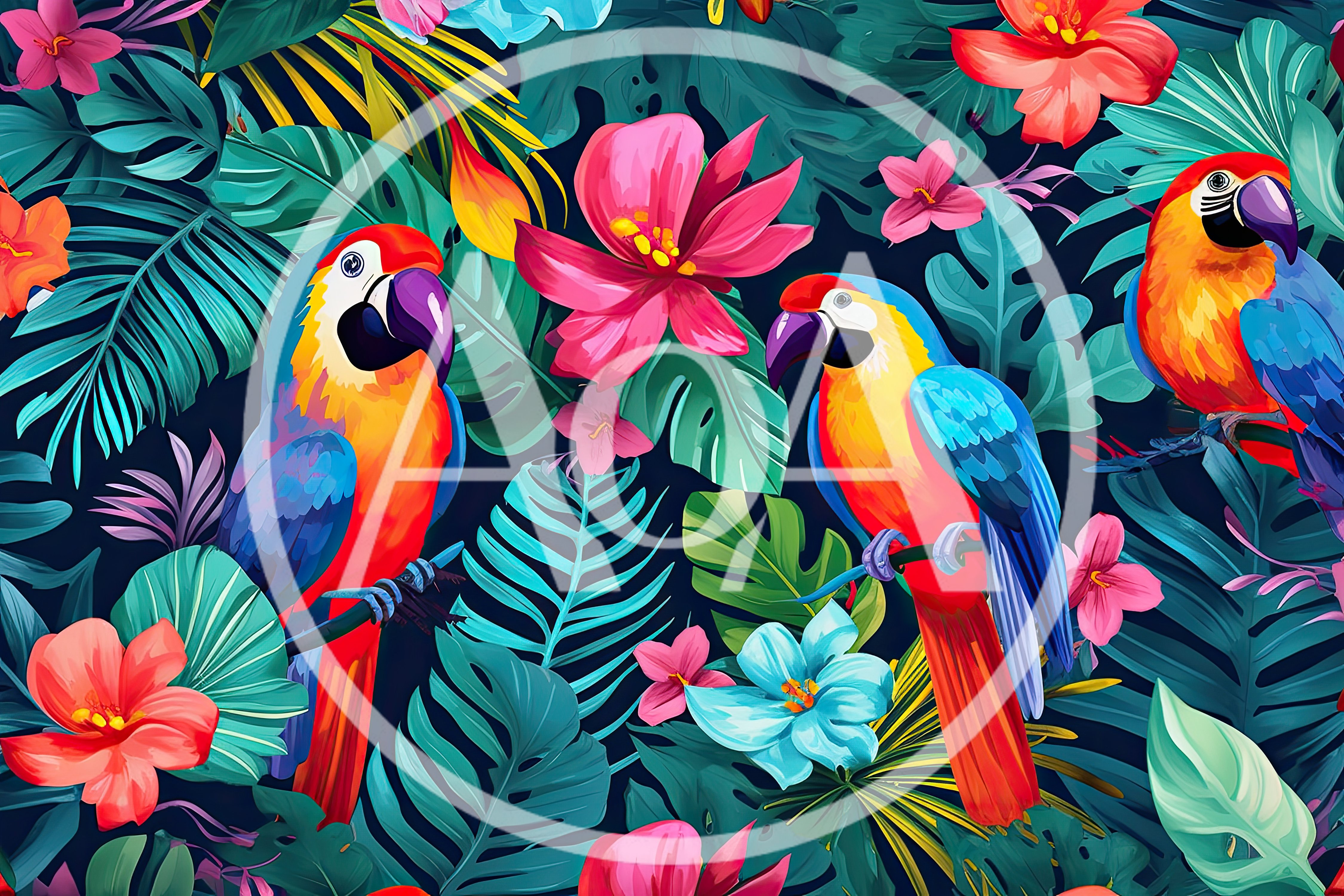 Vibrant Macaw Parrots Amidst Tropical Jungle Foliage