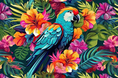 Vibrant Tropical Parrot Amidst Exotic Flowers and Foliage