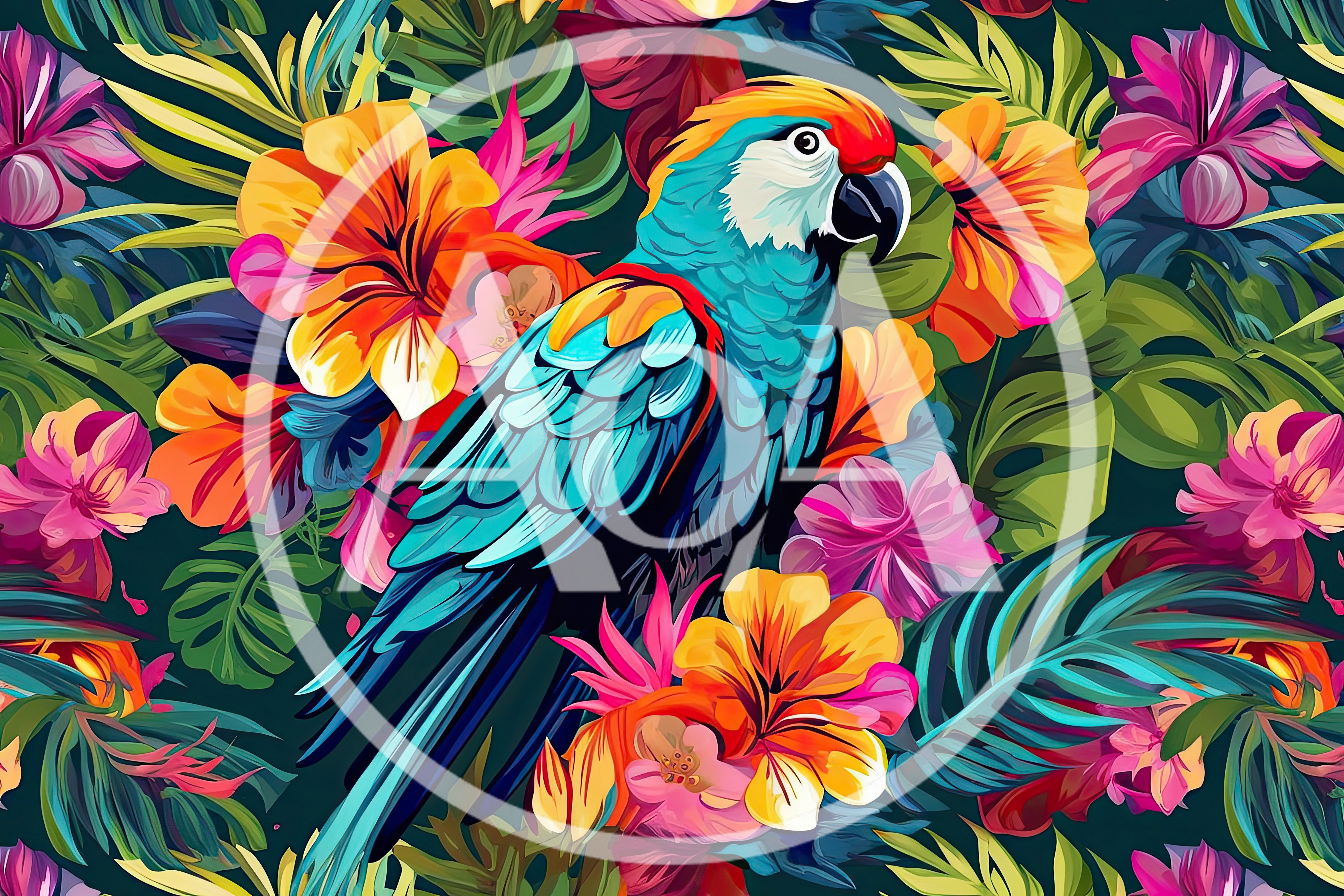 Vibrant Tropical Parrot Amidst Exotic Flowers and Foliage