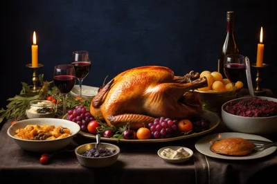 Roasted Thanksgiving Turkey Dinner Table Spread