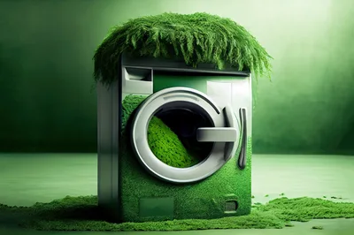 Green Washing Machine Covered In Moss And Grass
