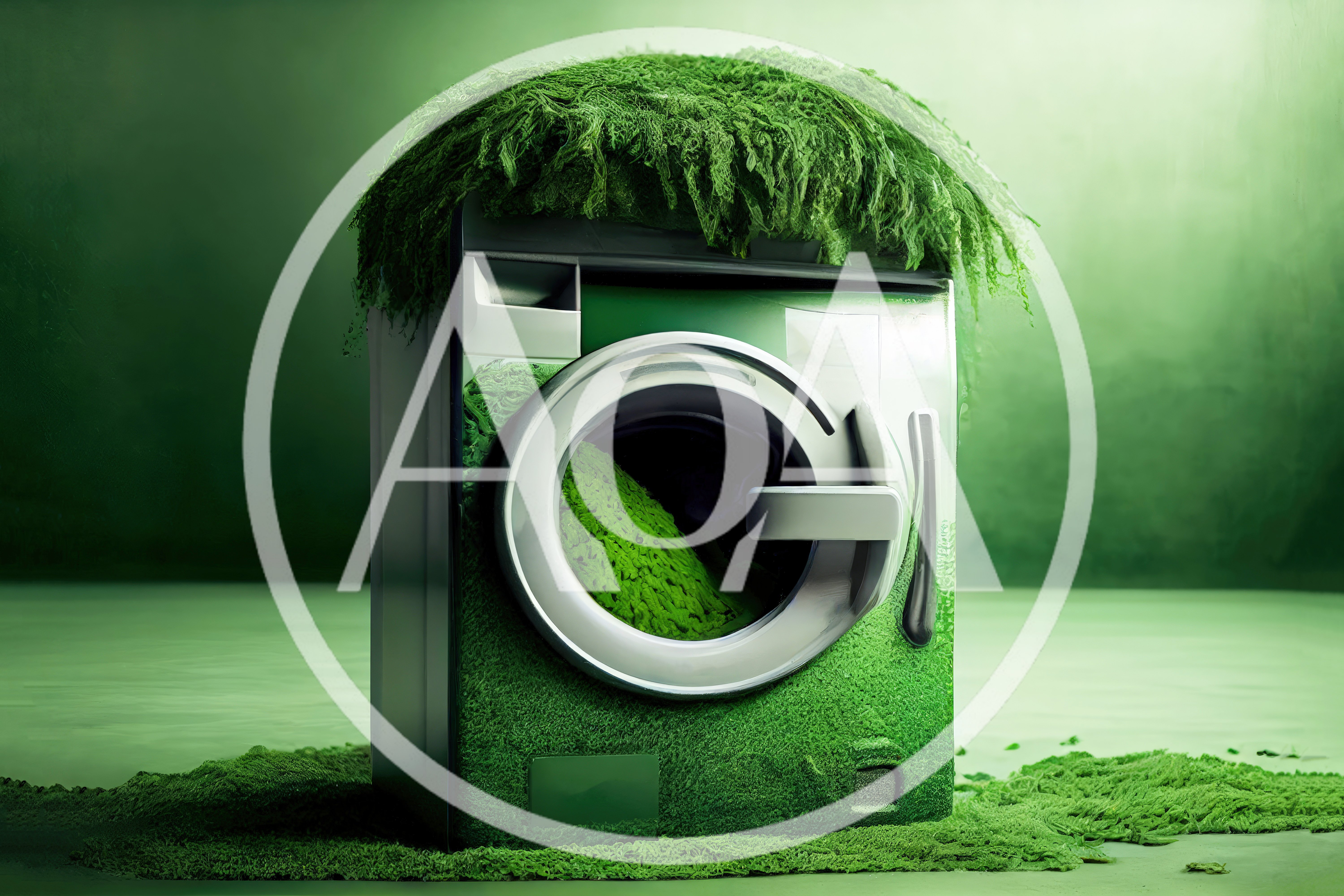 Green Washing Machine Covered In Moss And Grass