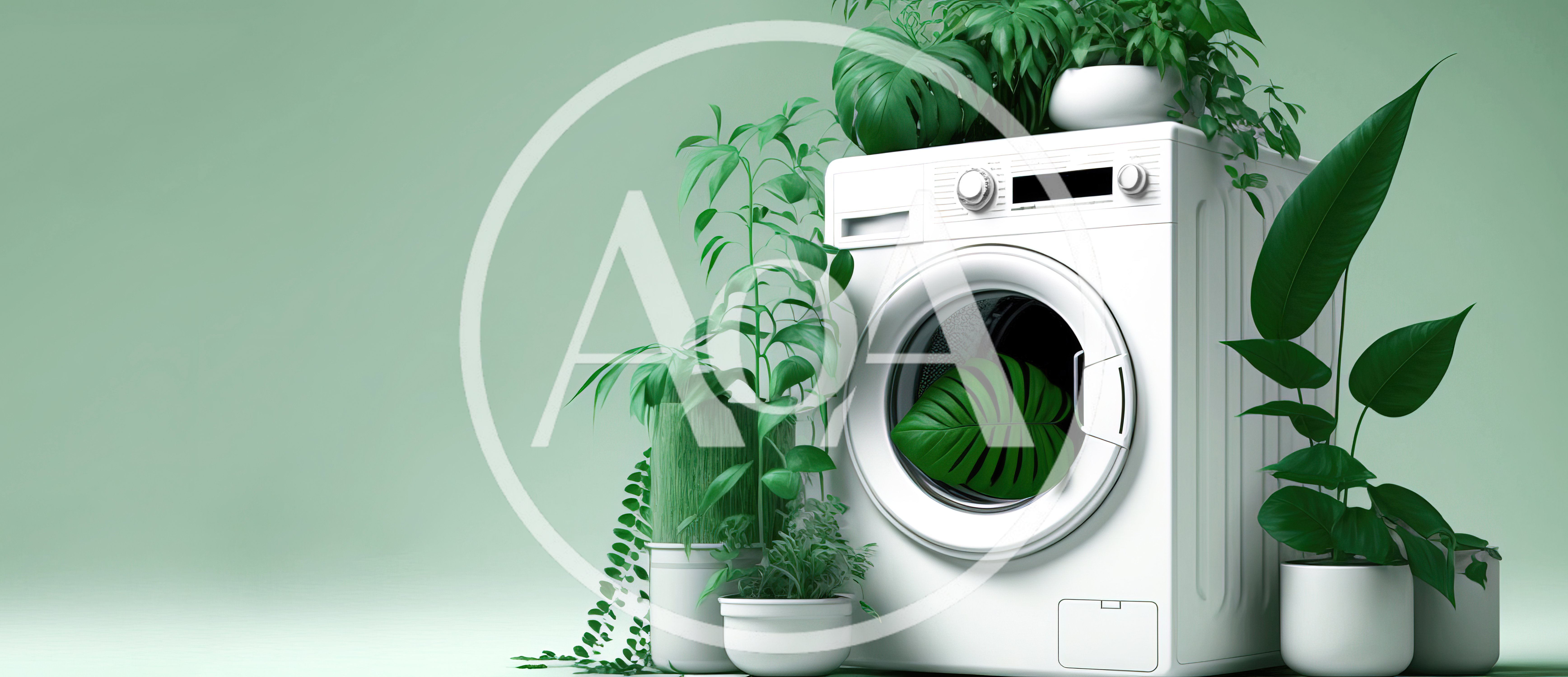 White Washing Machine Surrounded By Lush Green Houseplants