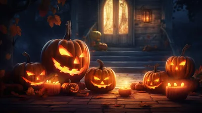 Glowing Jack O Lanterns On A Haunted Porch