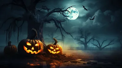 Spooky Halloween Pumpkins Under Full Moon