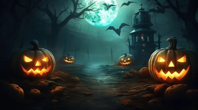 Spooky Halloween Landscape With Glowing Jack O Lanterns
