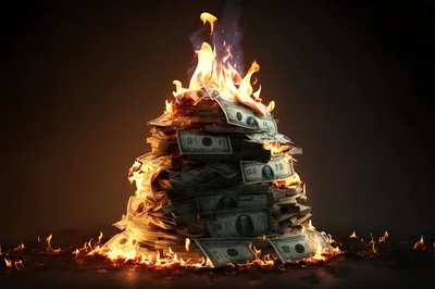 Stack Of Burning Hundred Dollar Bills