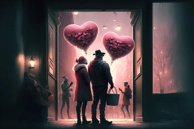 Couple Standing In Doorway With Heart Shaped Balloons