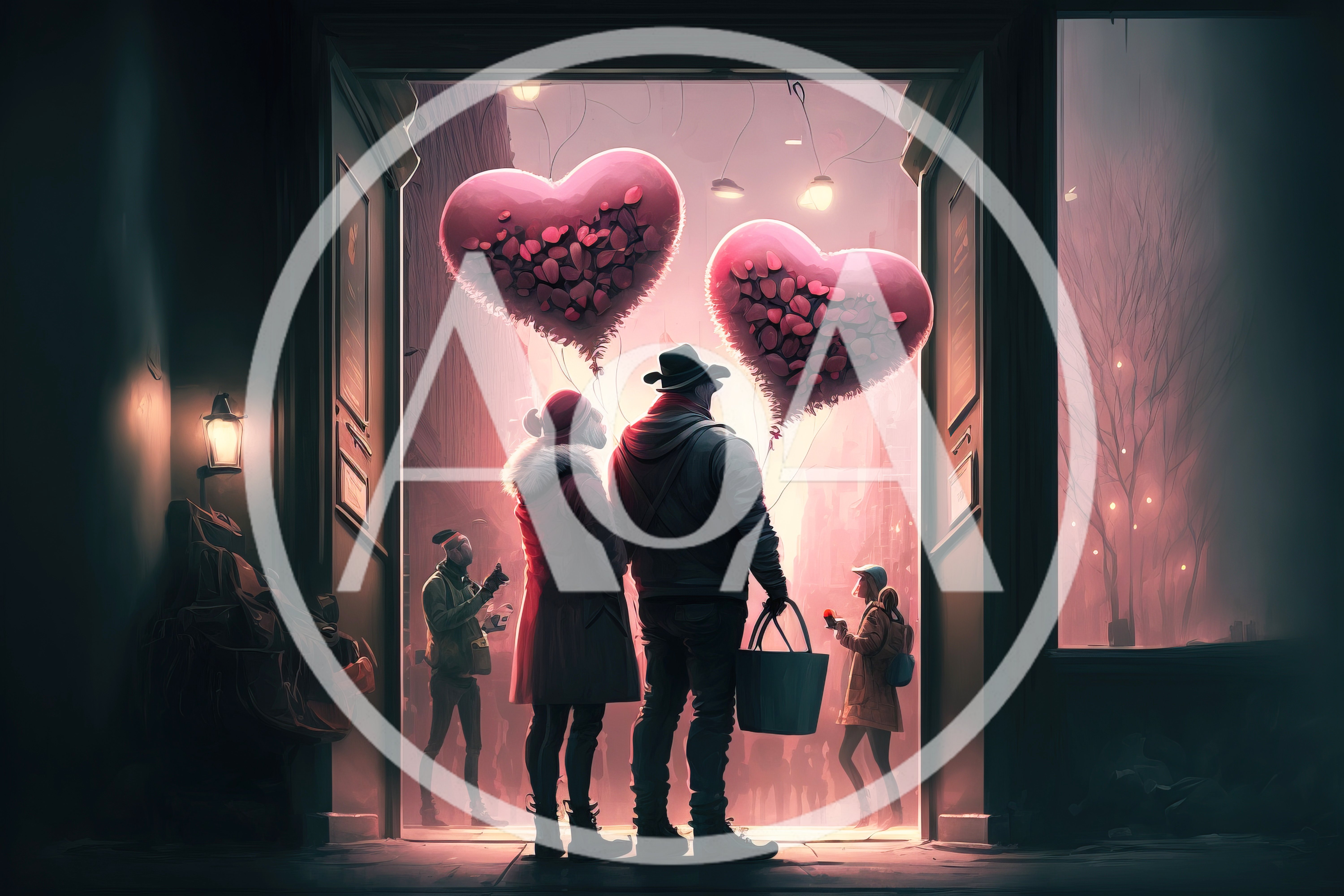 Couple Standing In Doorway With Heart Shaped Balloons