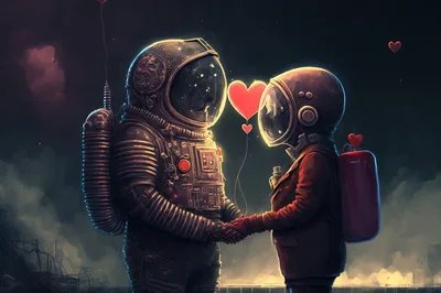Two Astronauts Holding Hands With Floating Hearts