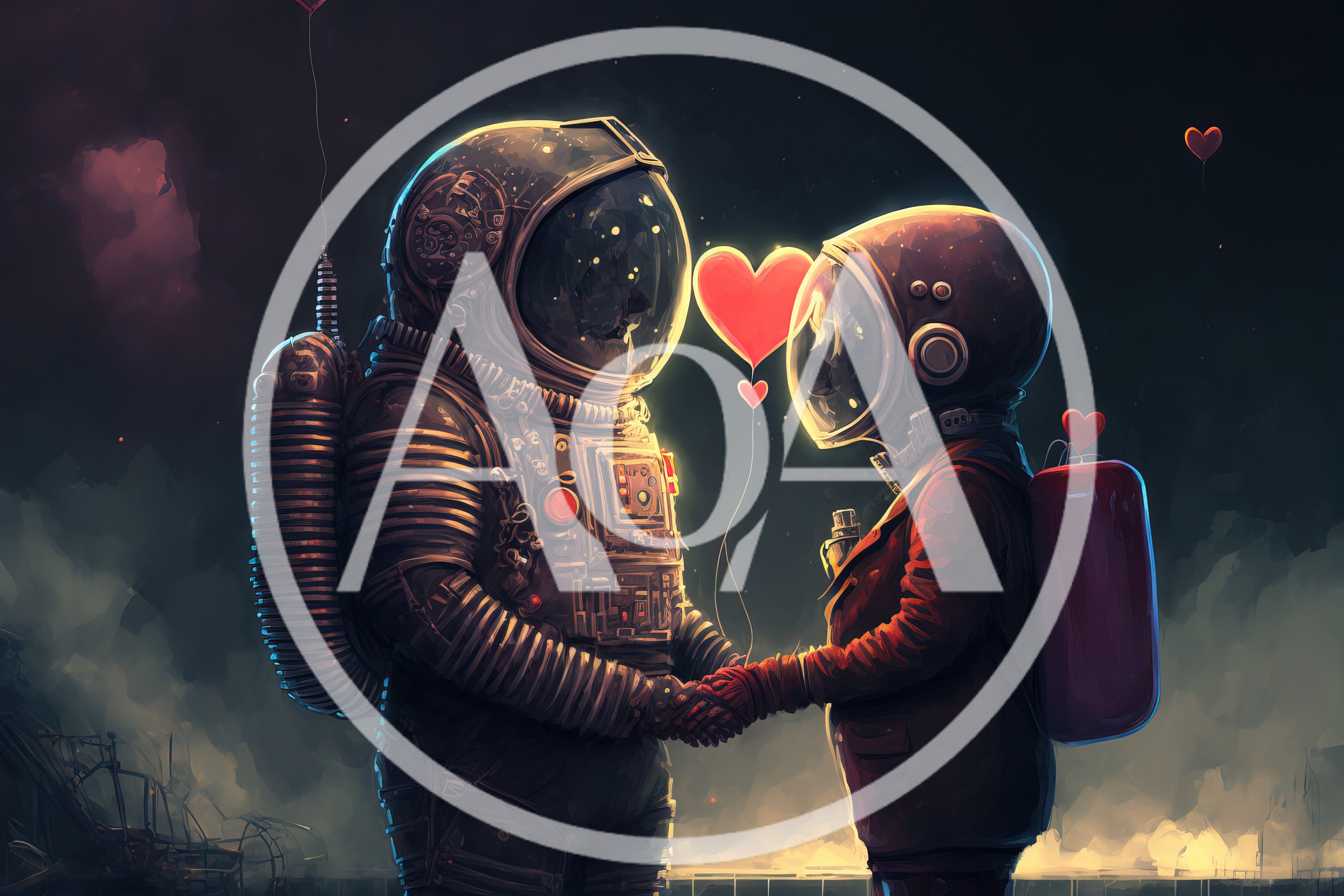 Two Astronauts Holding Hands With Floating Hearts