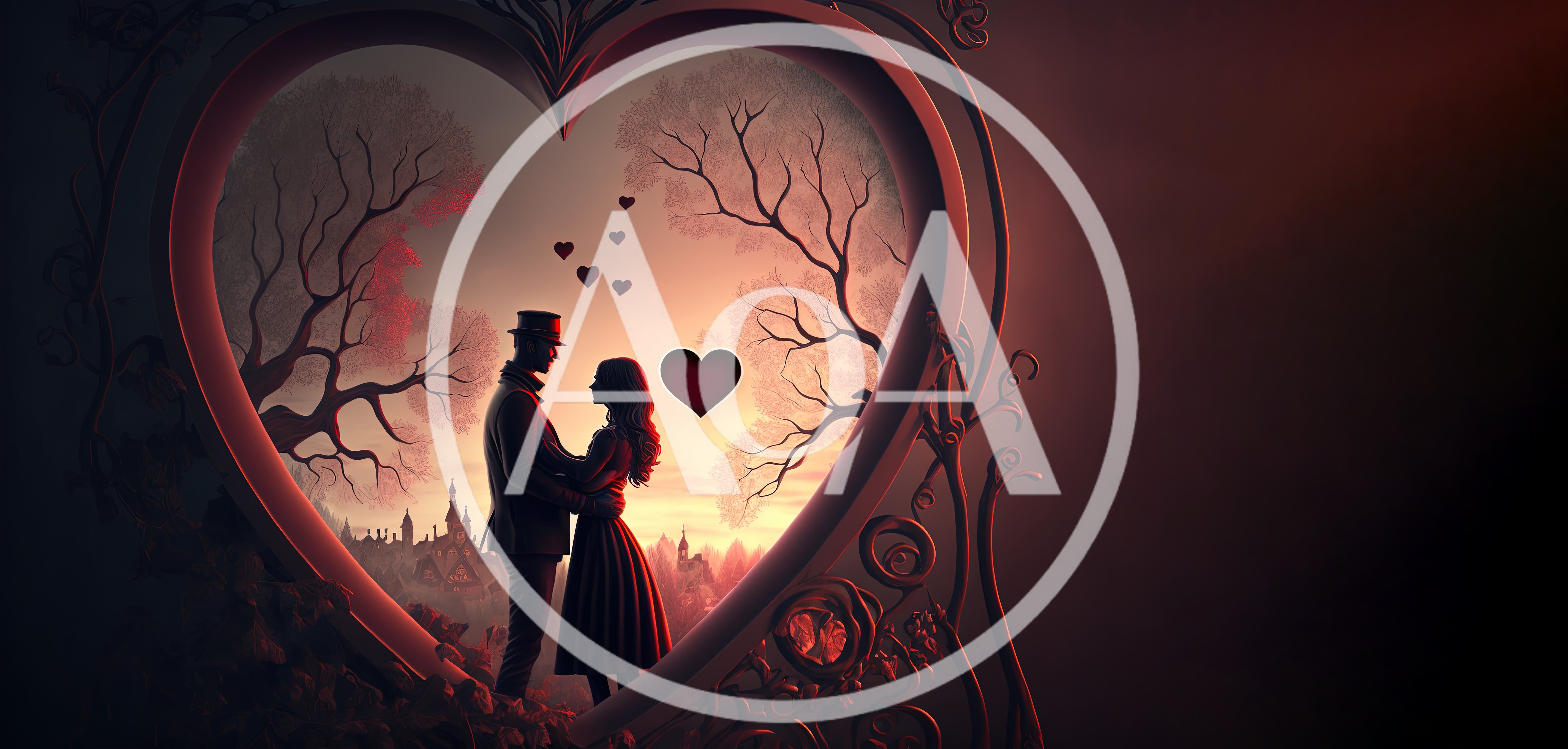 Romantic Couple Embracing Inside Ornate Heart Frame